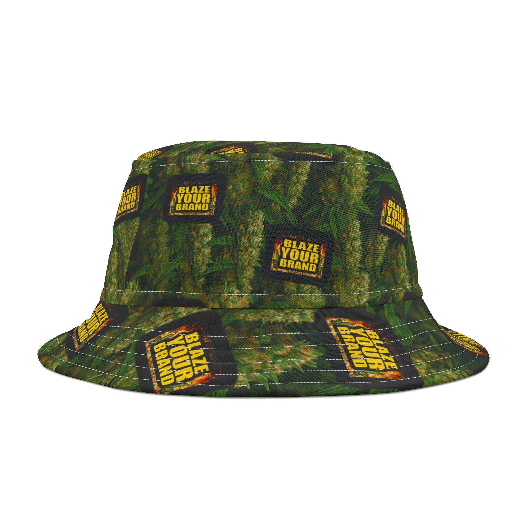 Green Big Bud Pattern Bucket Hat — 'Blaze YOUR Logo' All-Over Print Cannabis Cap