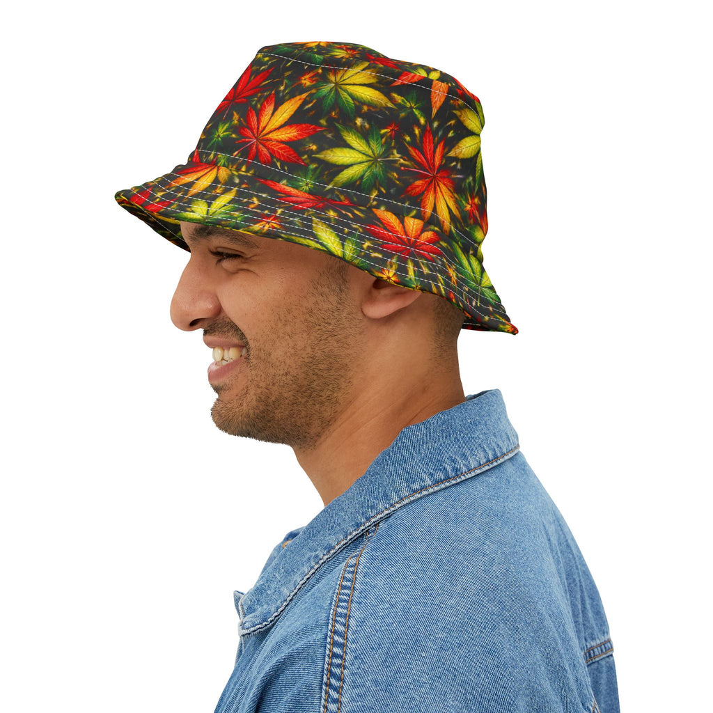 "Yes Rasta" Canna Leaf Print Bucket Hat — Colorful Reggae Cannabis Hat
