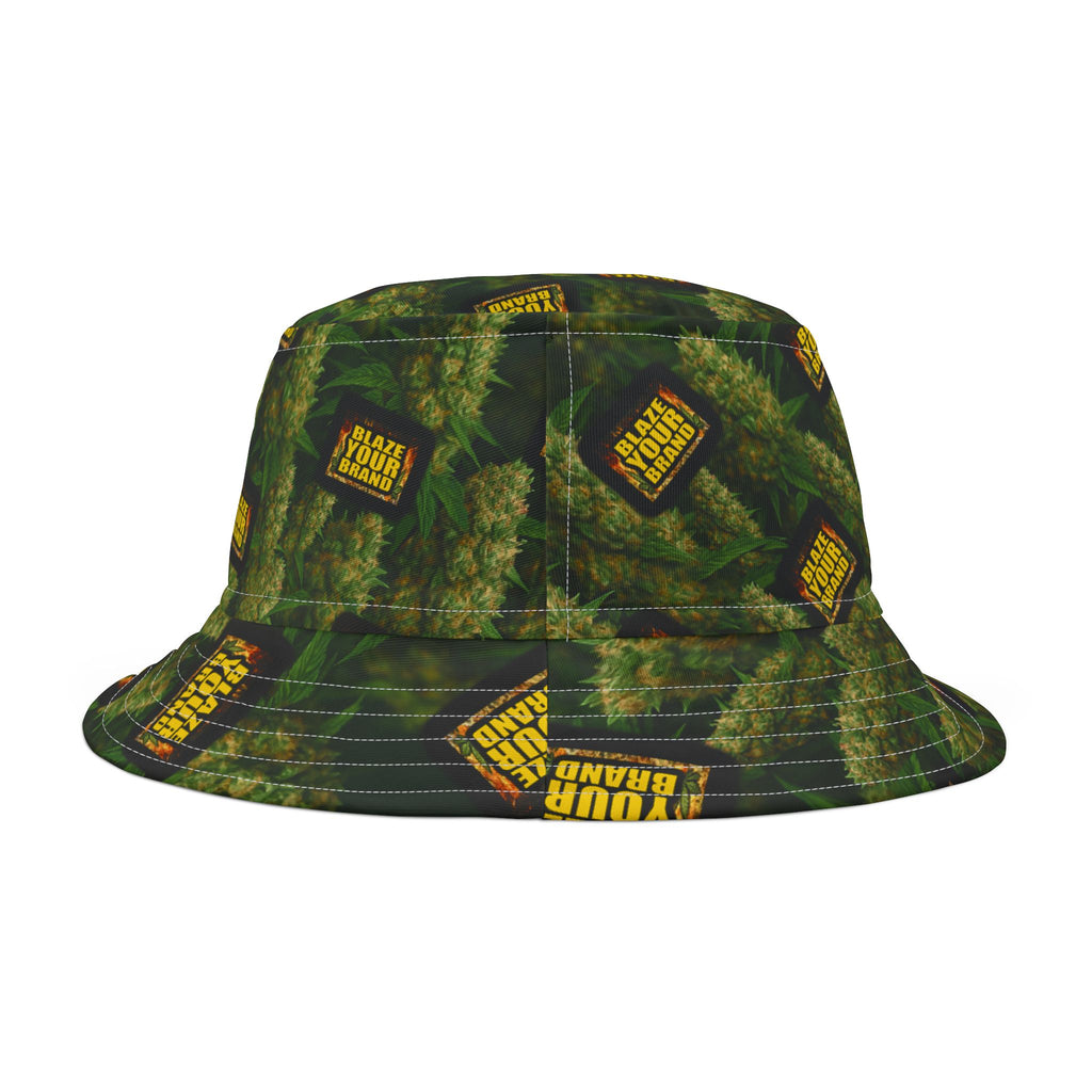 Green Big Bud Pattern Bucket Hat — 'Blaze YOUR Logo' All-Over Print Cannabis Cap