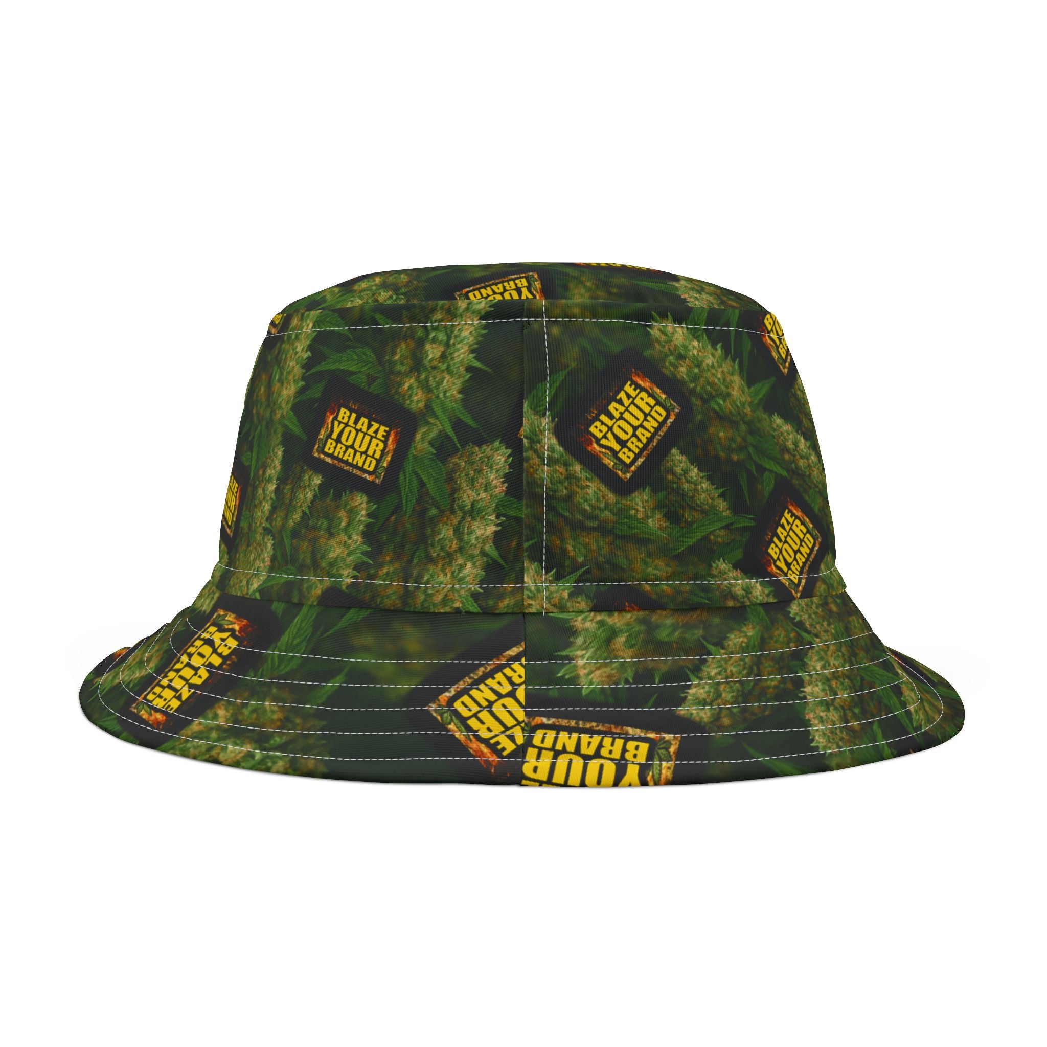 Green Big Bud Pattern Bucket Hat — 'Blaze YOUR Logo' All-Over Print Cannabis Cap