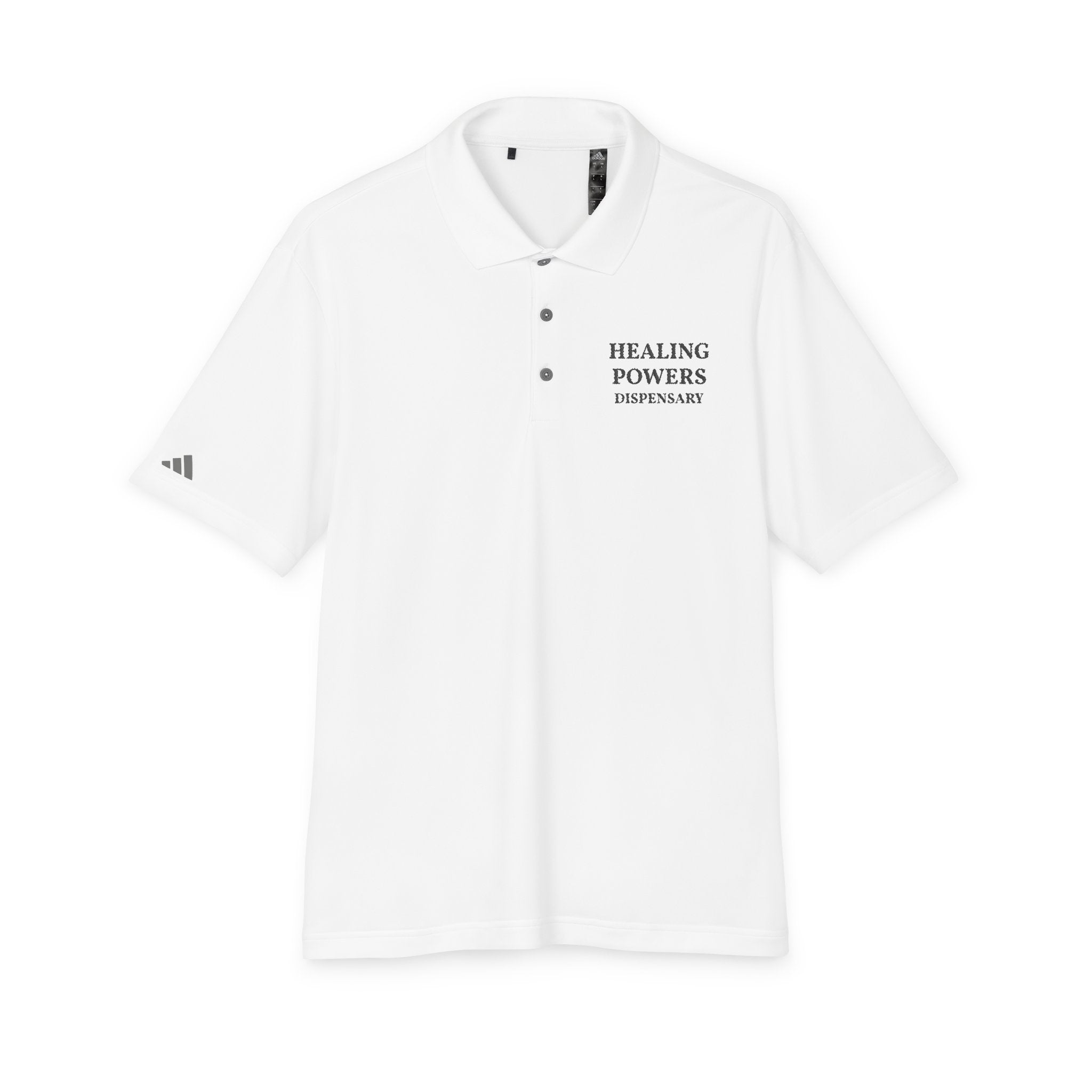 Healing Powers Polo Shirt — Minimalist White Performance Golf Polo
