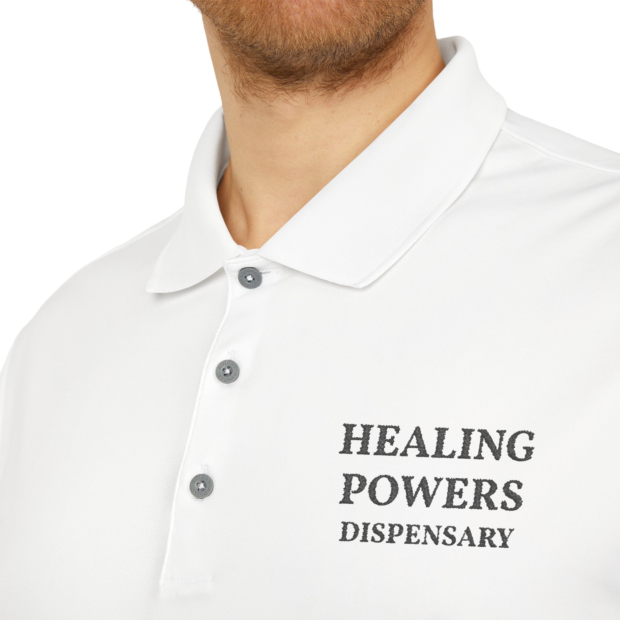 Healing Powers Polo Shirt — Minimalist White Performance Golf Polo