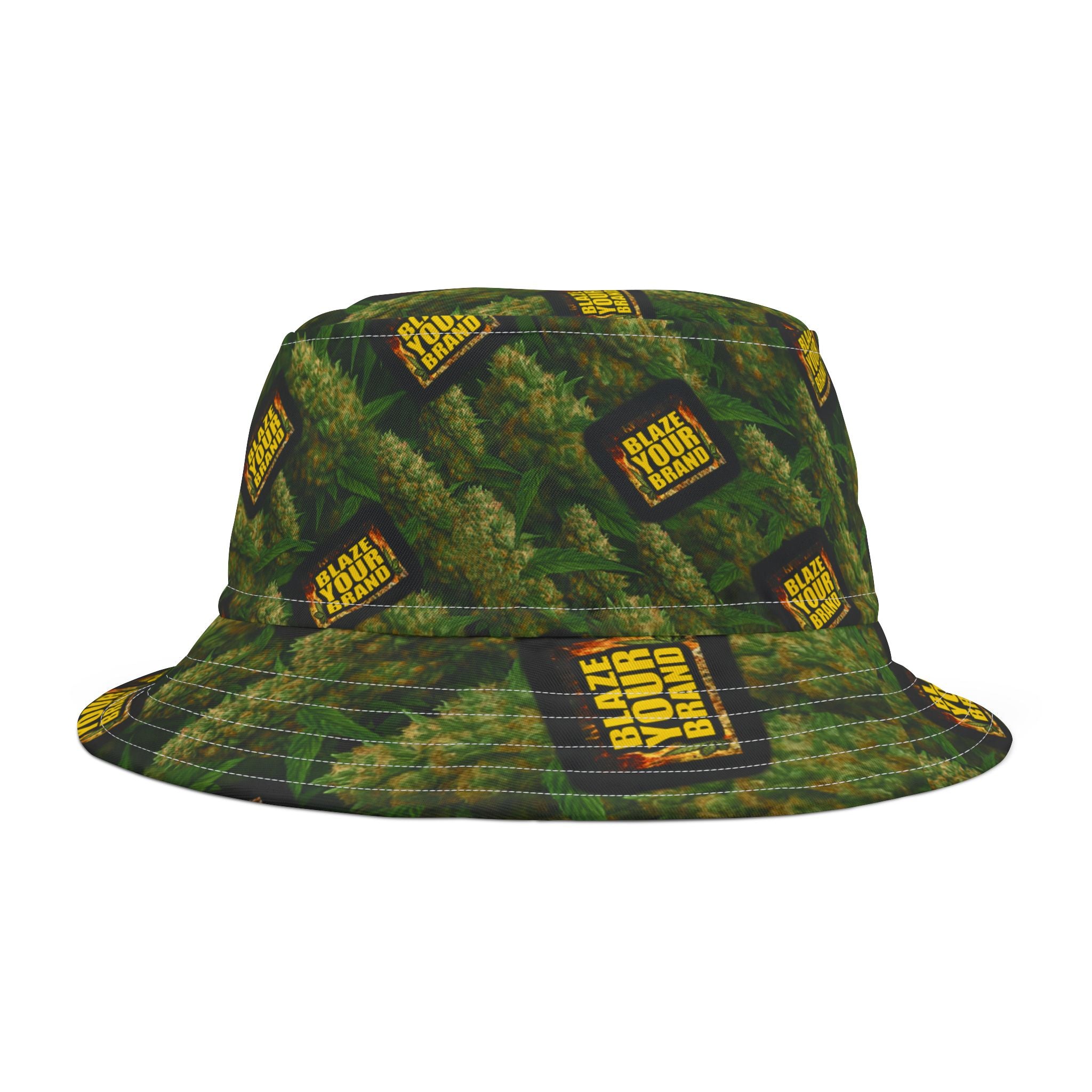 Green Big Bud Pattern Bucket Hat — 'Blaze YOUR Logo' All-Over Print Cannabis Cap
