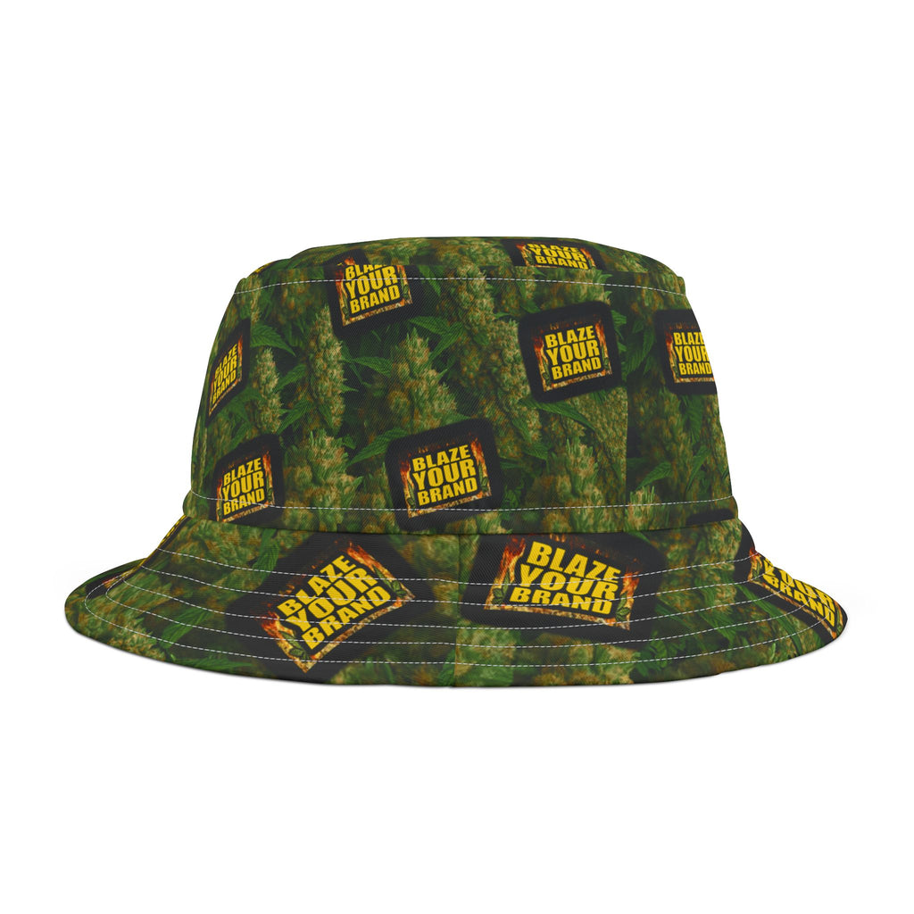 Green Big Bud Pattern Bucket Hat — 'Blaze YOUR Logo' All-Over Print Cannabis Cap