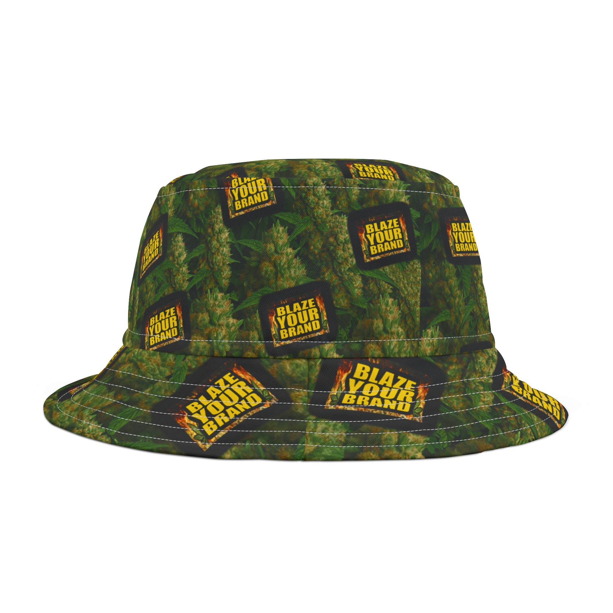 Green Big Bud Pattern Bucket Hat — 'Blaze YOUR Logo' All-Over Print Cannabis Cap