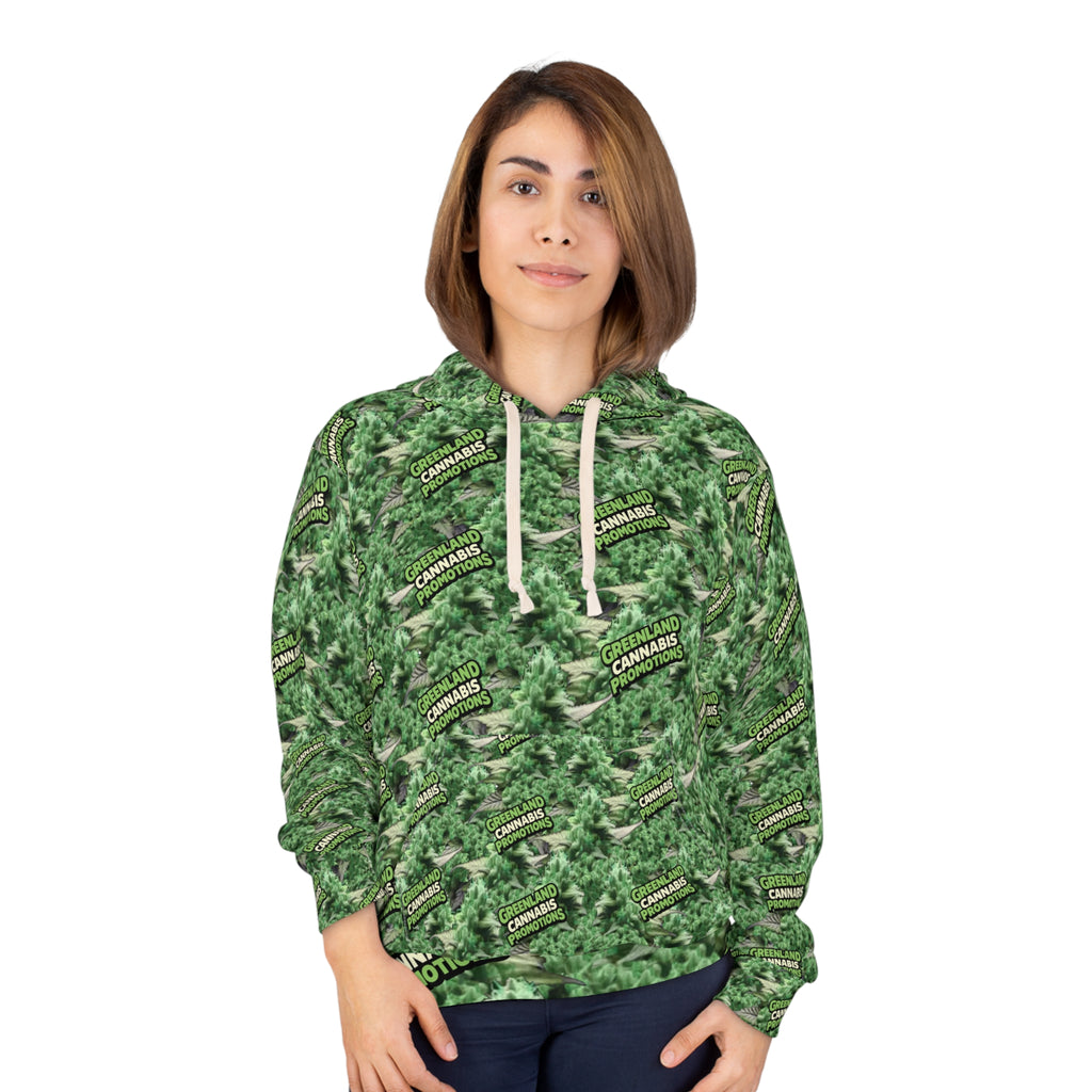 Cannabis Bud Zoom Camo  "Blaze YOUR Logo" All-Over Print Hoodie — Green Cannabis Camo Pullover