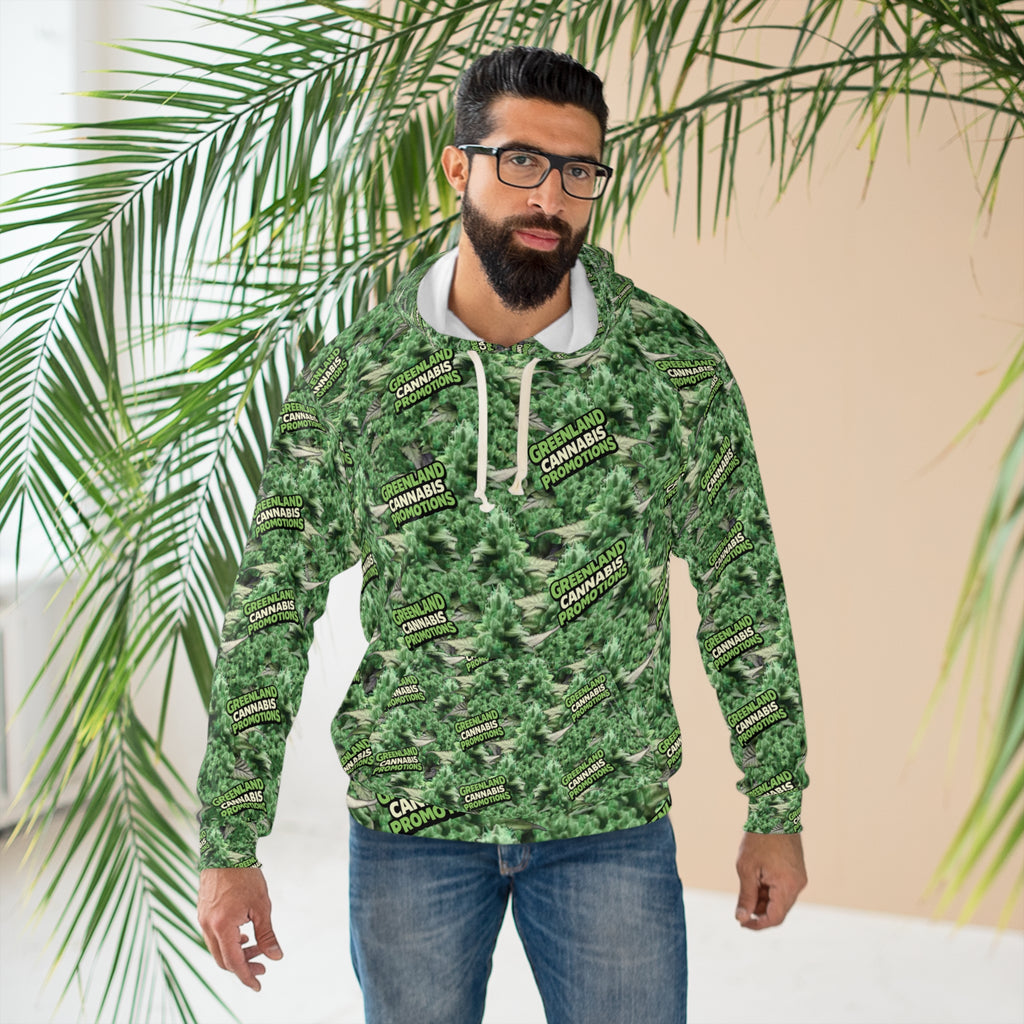 Cannabis Bud Zoom Camo  "Blaze YOUR Logo" All-Over Print Hoodie — Green Cannabis Camo Pullover