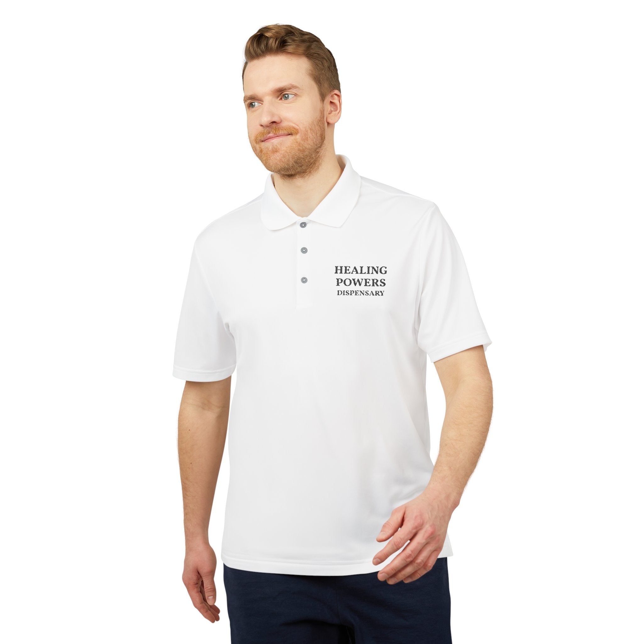 Healing Powers Polo Shirt — Minimalist White Performance Golf Polo