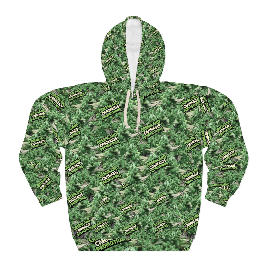 Cannabis Bud Zoom Camo  "Blaze YOUR Logo" All-Over Print Hoodie — Green Cannabis Camo Pullover