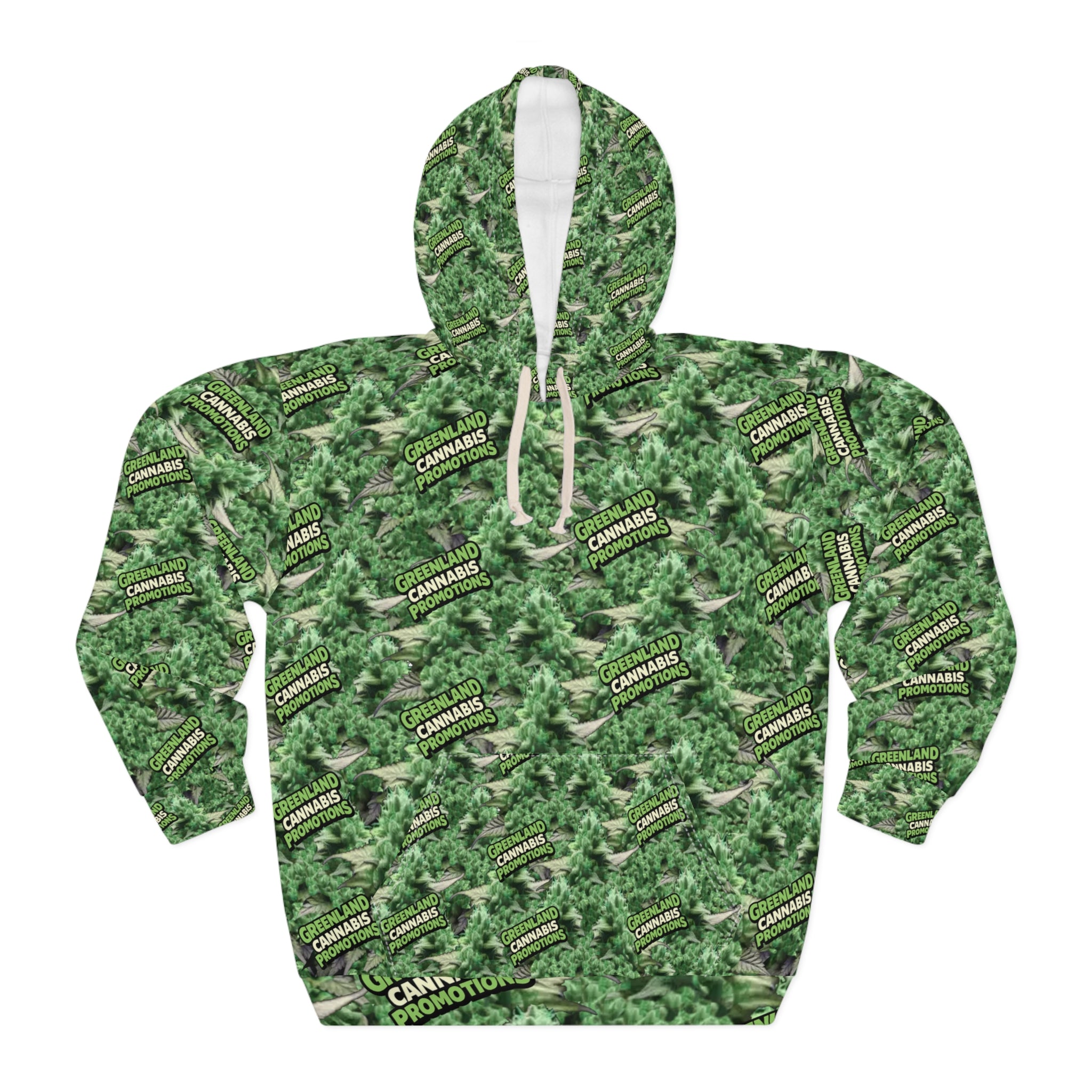 Cannabis Bud Zoom Camo  "Blaze YOUR Logo" All-Over Print Hoodie — Green Cannabis Camo Pullover